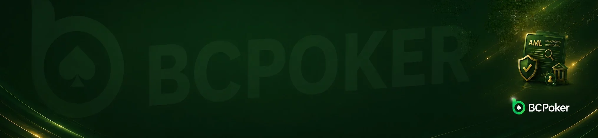 BCpoker aml policy banner with a security shield, transaction monitoring document, bank icon and digital world map on a dark green and gold background